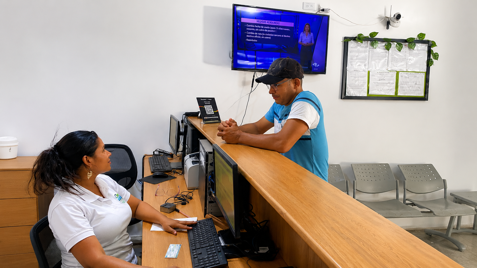 Asesor atendiendo a cliente en el mostrador de CDA Arboletes para tramitar el SOAT